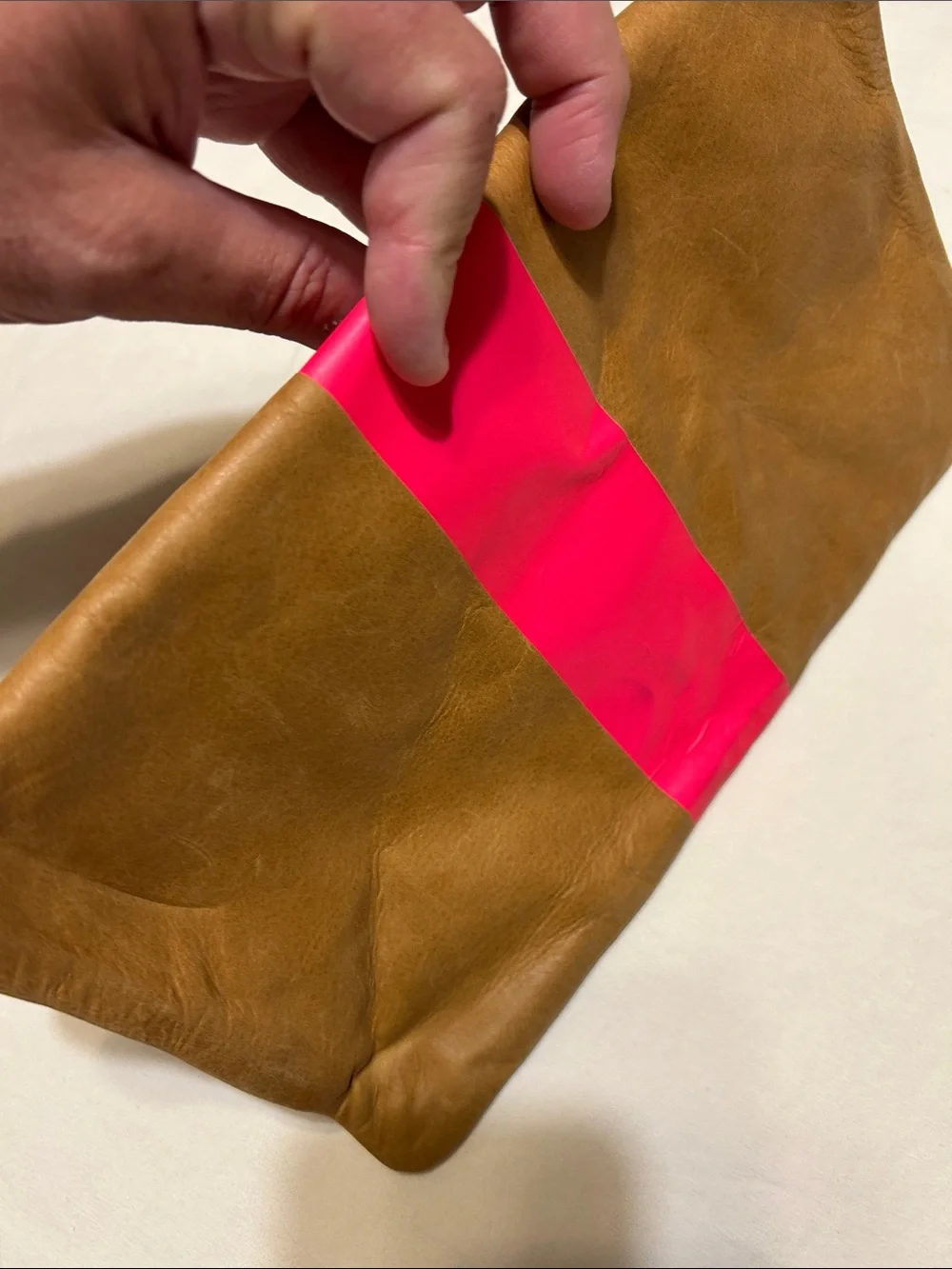 Clare V Brown Leather Fold-Over Clutch with Hot Pink Stripe